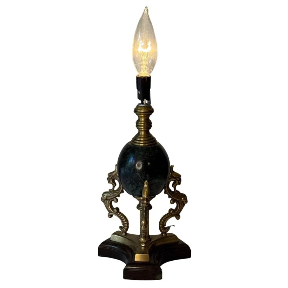 Vintage Ornate Brass & Marble 'Dragon's Egg' Accent Lamp, Brass, Dragon, Fantasy